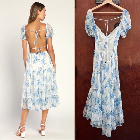 Lulus Dresses & Skirts - White and Blue Floral Puff Sleeve Bustier Backless Midi Dress 🌿
